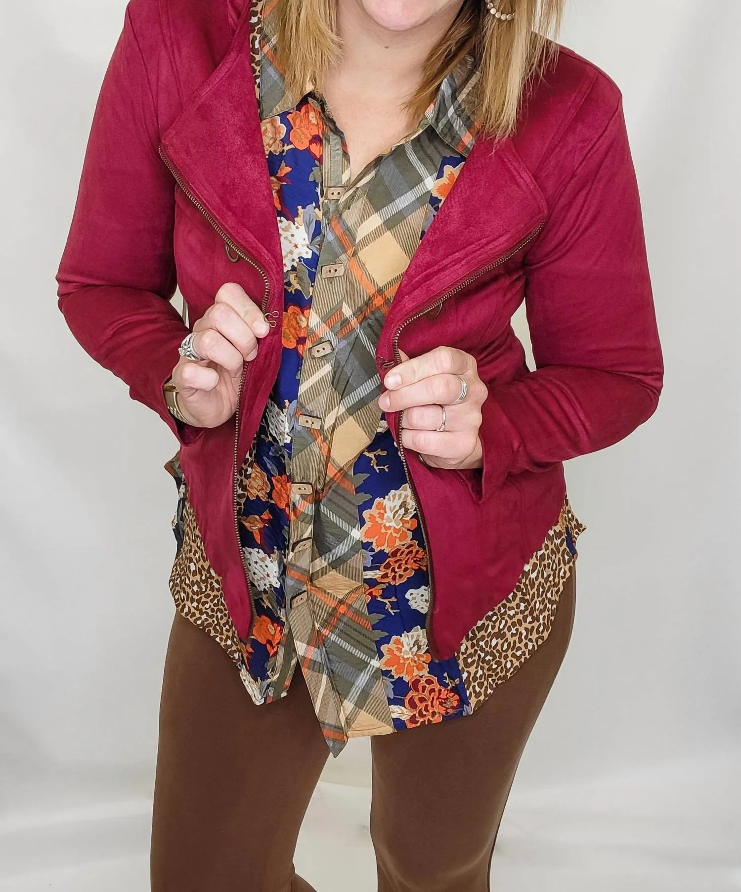 Faux Suede Jacket In Cardinal