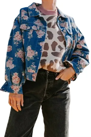 Floral Print Washed Denim Jacket In Blue