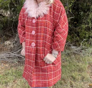 Fur Collar Tweed Coat In Pink/red