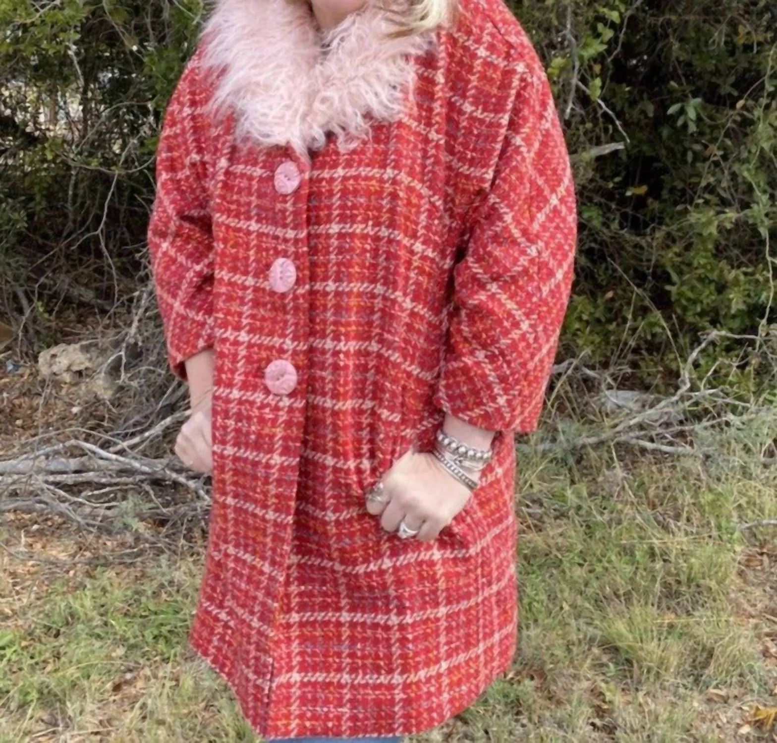 Fur Collar Tweed Coat In Pink/red