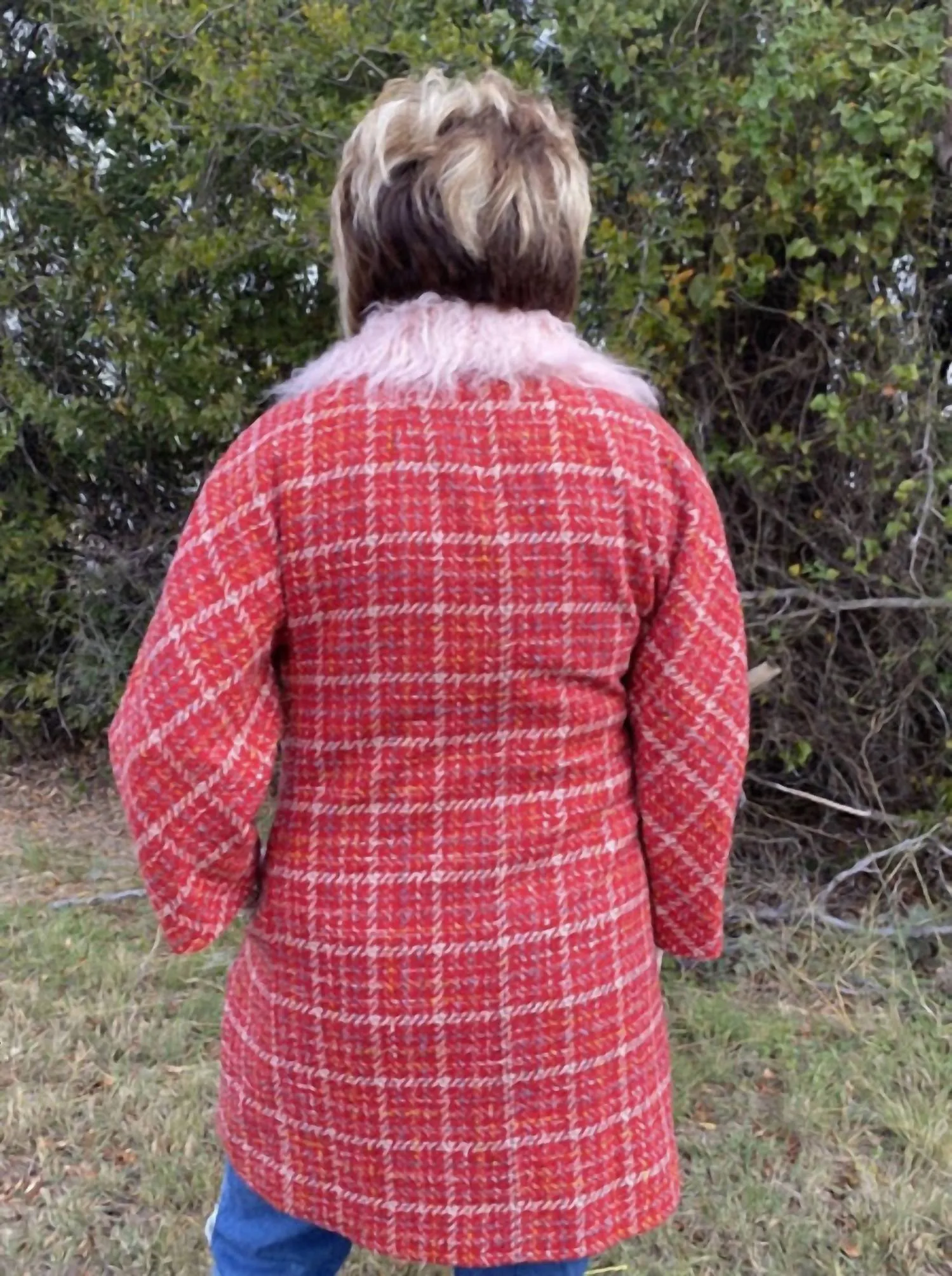 Fur Collar Tweed Coat In Pink/red
