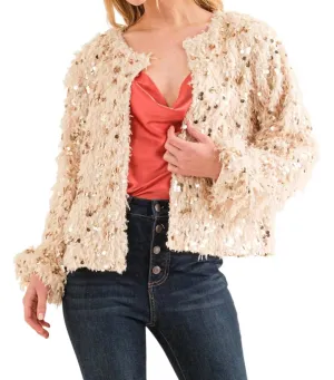 Get To You Sequin And Feather Jacket In Cream