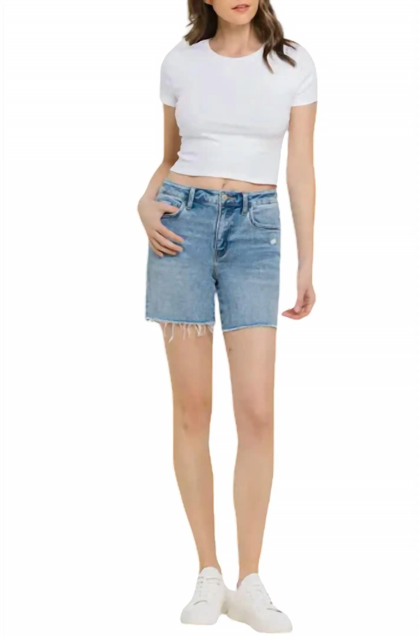 High Rise Midi Shorts In Blue