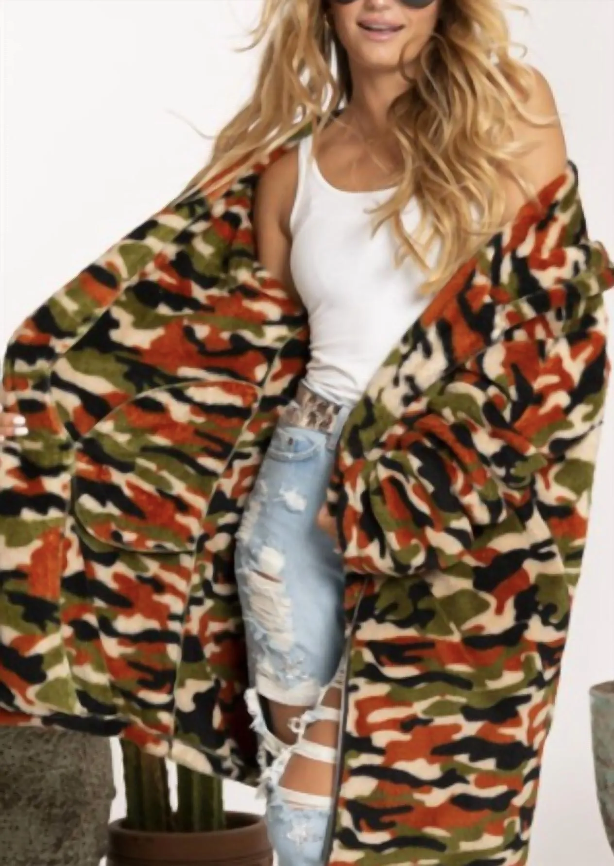 Hooded Army Teddy Jacket In Green/orange Camo