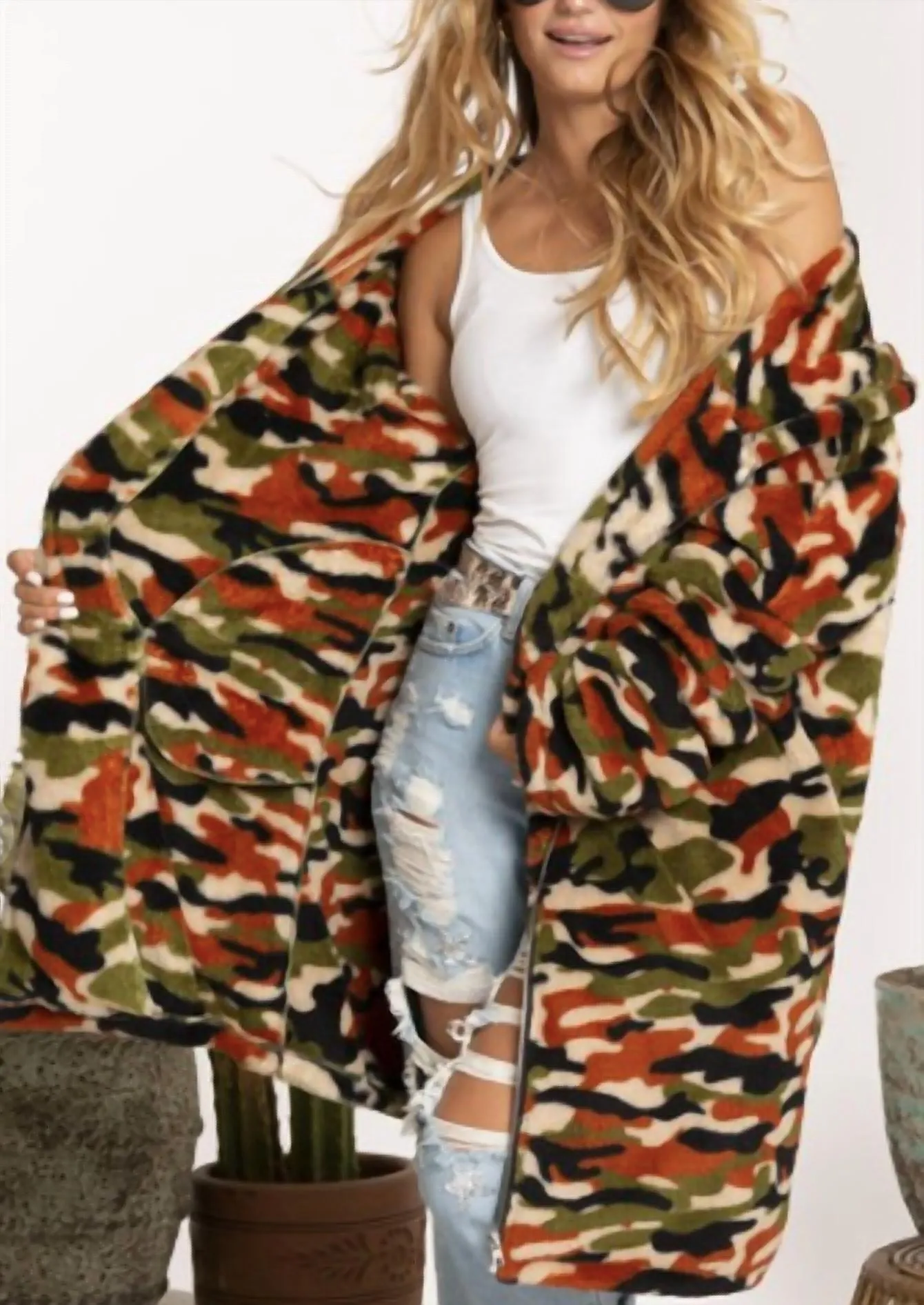 Hooded Army Teddy Jacket In Green/orange Camo
