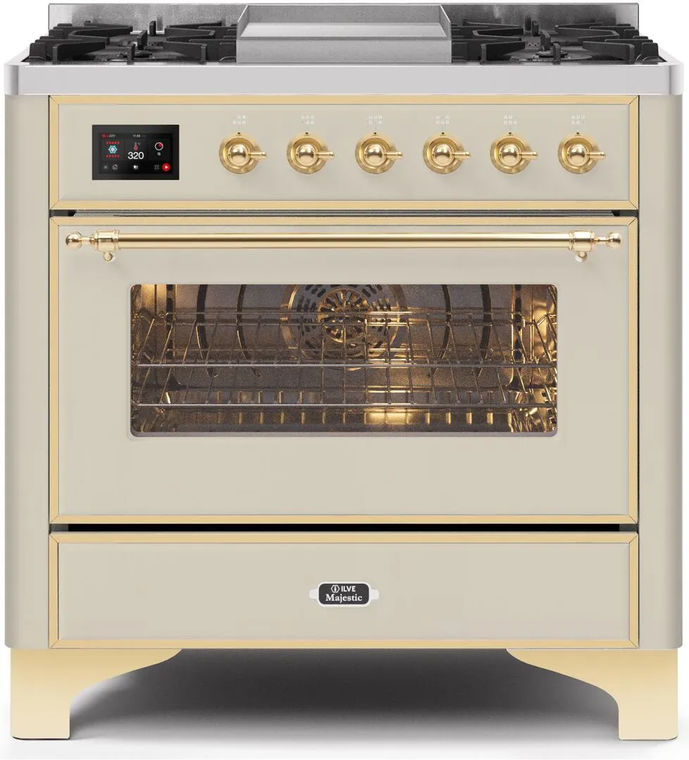 Ilve UM09FDNS3AWGLP Majestic Ii 36 Inch Dual Fuel Liquid Propane Freestanding Range In Antique White With Brass Trim Freestanding Ranges freestanding dual fuel range 30 inch