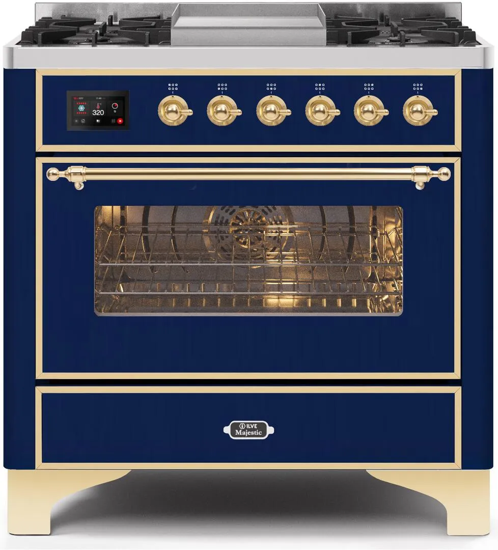 Ilve UM09FDNS3MBGLP Majestic Ii 36 Inch Dual Fuel Liquid Propane Freestanding Range In Blue With Brass Trim Freestanding Ranges freestanding dual fuel range 30 inch