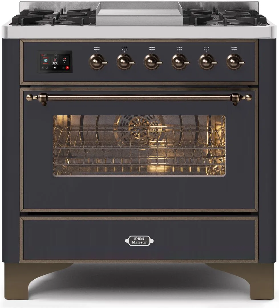 Ilve UM09FDNS3MGB Majestic Ii 36 Inch Dual Fuel Natural Gas Freestanding Range In Matte Graphite With Bronze Trim Freestanding Ranges freestanding dual fuel range 30 inch