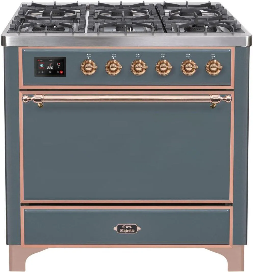 Ilve UM09FDQNS3BGP 36 Inch Dual Fuel Natural Gas Freestanding Range In Blue Grey With Copper Trim Freestanding Ranges freestanding dual fuel range 30 inch