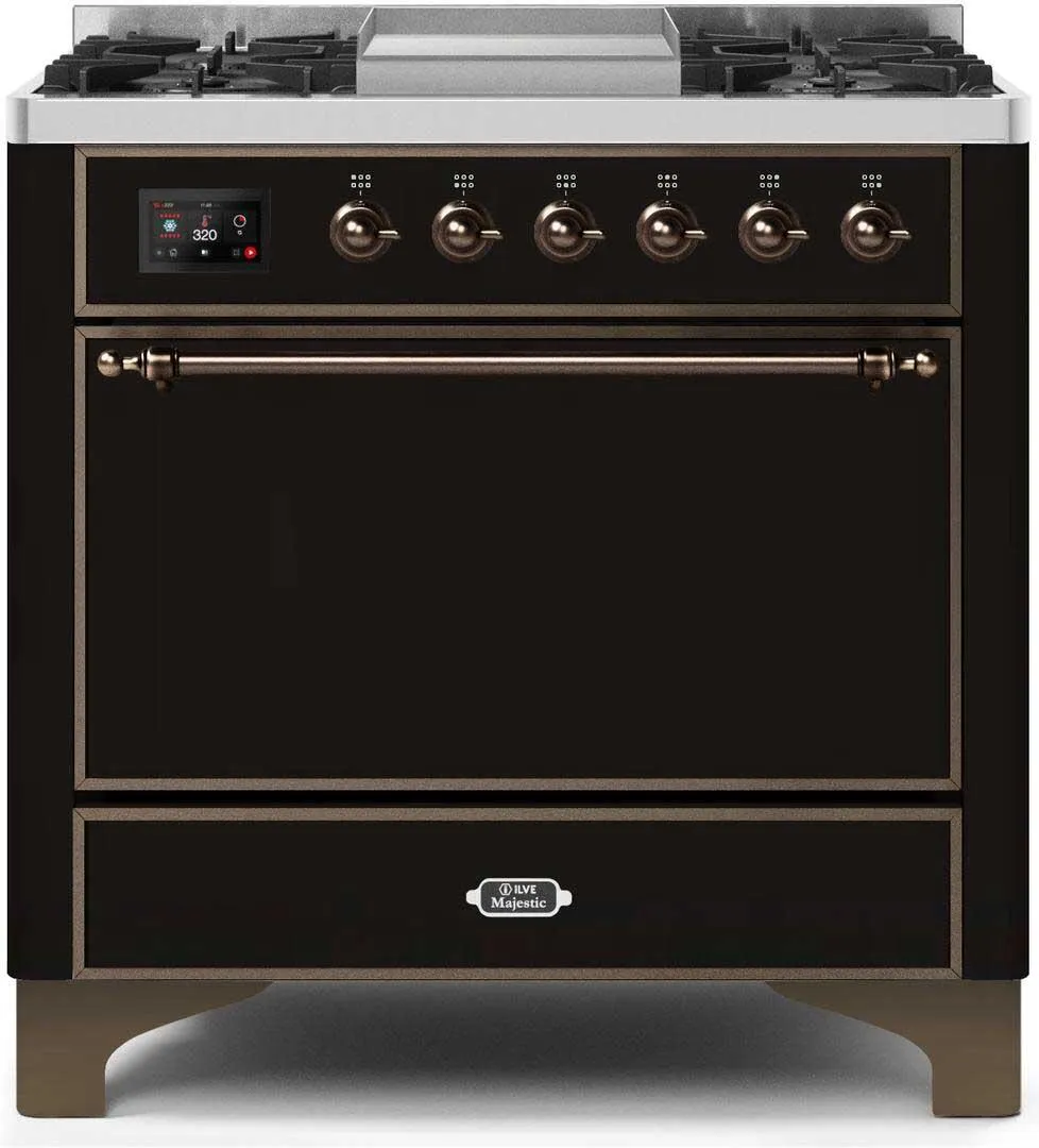 Ilve UM09FDQNS3BKBLP Majestic Ii 36 Inch Dual Fuel Liquid Propane Freestanding Range In Glossy Black With Bronze Trim Freestanding Ranges freestanding dual fuel range 30 inch
