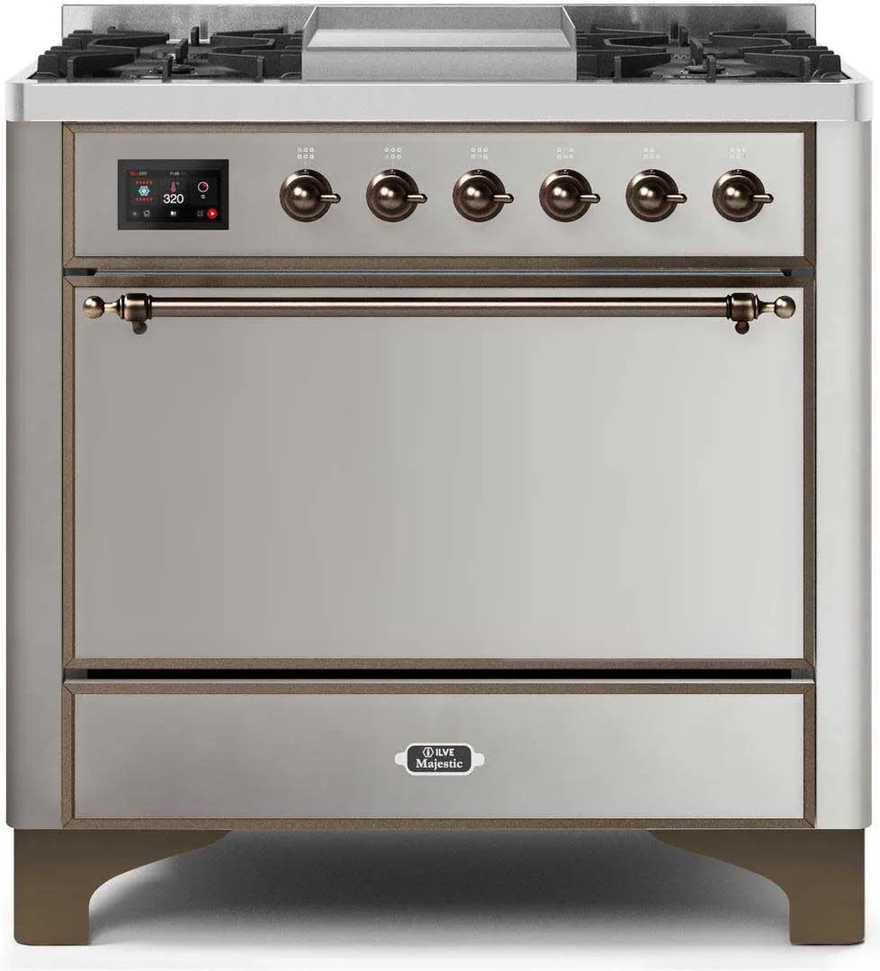 Ilve UM09FDQNS3SSBLP Majestic Ii 36 Inch Dual Fuel Liquid Propane Freestanding Range In Stainless Steel With Bronze Trim Freestanding Ranges freestanding dual fuel range 30 inch