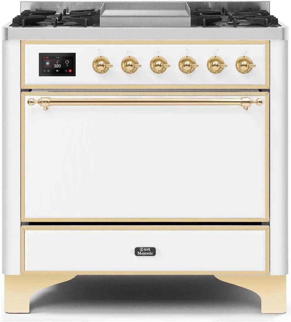 Ilve UM09FDQNS3WHGLP Majestic Ii 36 Inch Dual Fuel Liquid Propane Freestanding Range In White With Brass Trim Freestanding Ranges freestanding dual fuel range 30 inch