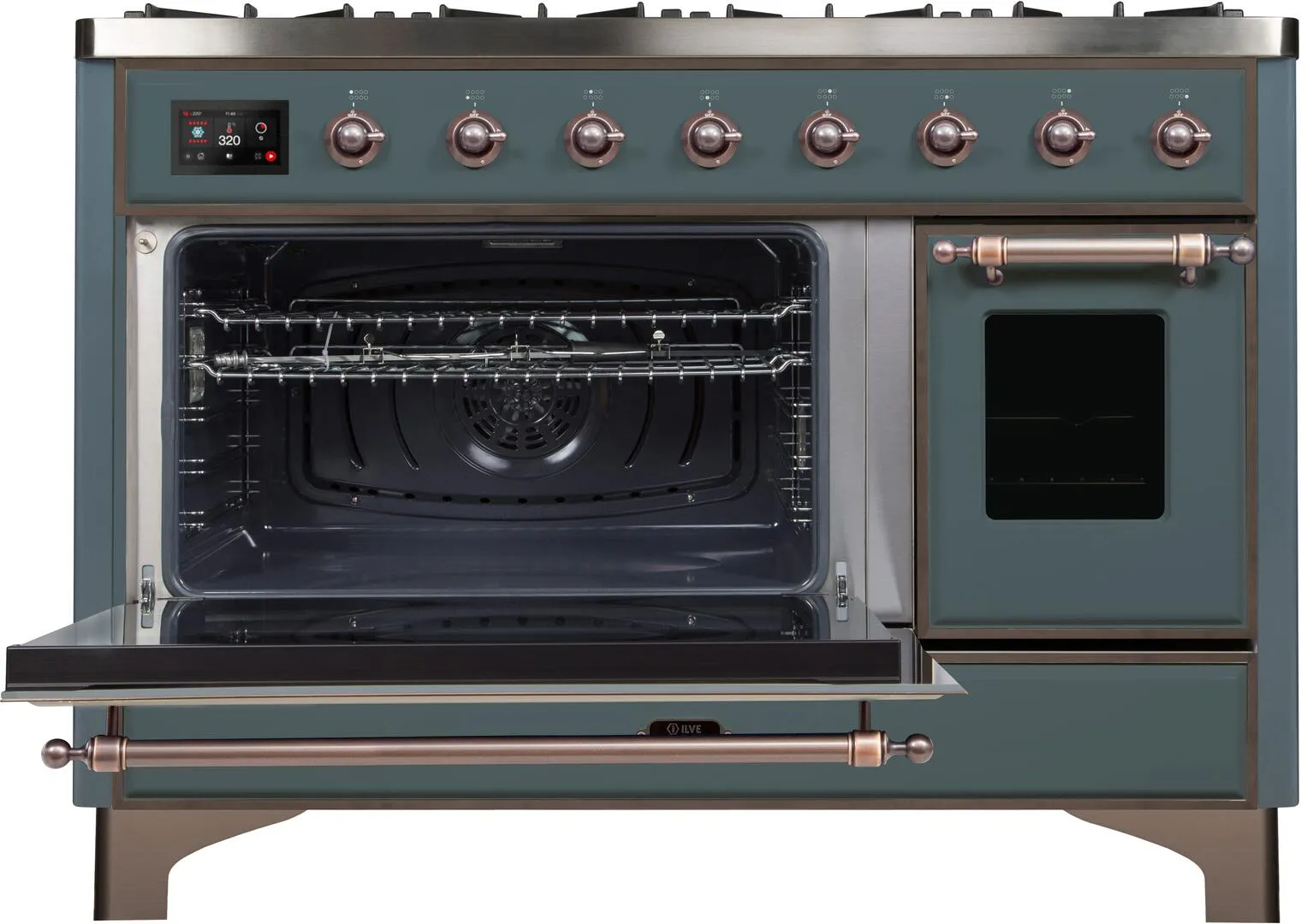 Ilve UM12FDNS3BGBLP Majestic Ii 48 Inch Dual Fuel Liquid Propane Freestanding Range In Blue Grey With Bronze Trim