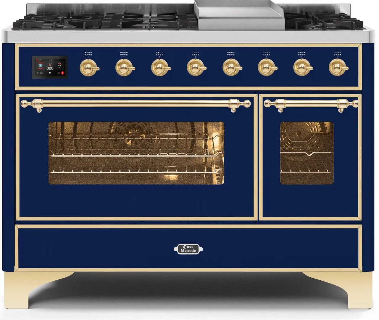 Ilve UM12FDNS3MBG Majestic Ii 48 Inch Dual Fuel Natural Gas Freestanding Range In Blue With Brass Trim Freestanding Ranges freestanding dual fuel range 30 inch