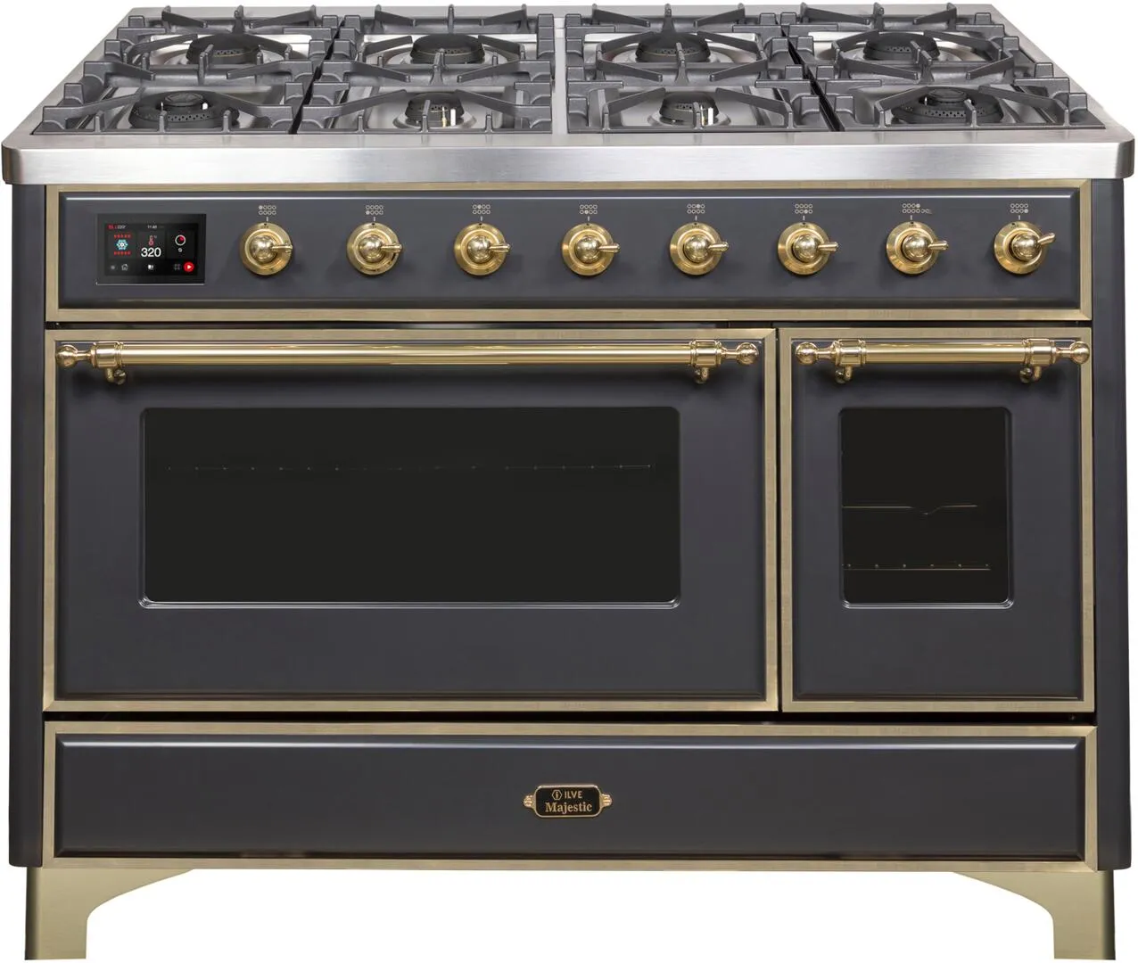 Ilve UM12FDNS3MGGLP Majestic Ii 48 Inch Dual Fuel Liquid Propane Freestanding Range In Matte Graphite With Brass Trim Freestanding Ranges freestanding dual fuel range 30 inch
