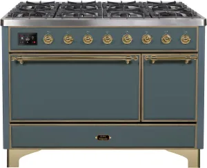 Ilve UM12FDQNS3BGG Majestic Ii 48 Inch Dual Fuel Natural Gas Freestanding Range In Blue Grey With Brass Trim Freestanding Ranges freestanding dual fuel range 30 inch