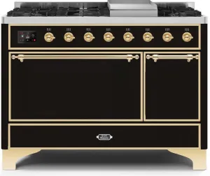 Ilve UM12FDQNS3BKG Majestic Ii 48 Inch Dual Fuel Natural Gas Freestanding Range In Glossy Black With Brass Trim Freestanding Ranges freestanding dual fuel range 30 inch