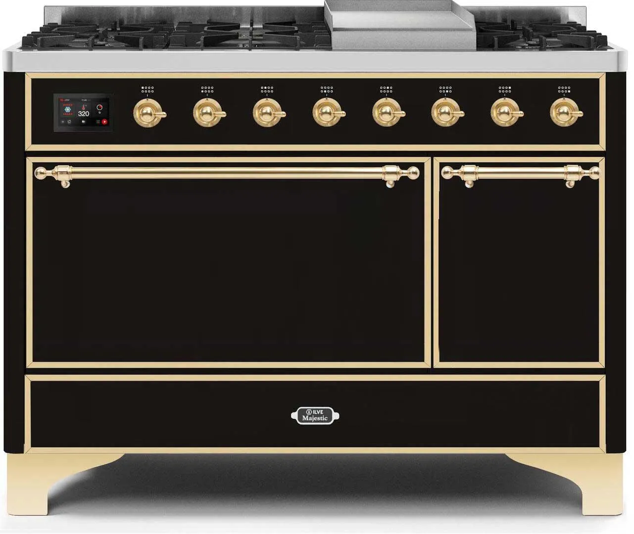 Ilve UM12FDQNS3BKGLP Majestic Ii 48 Inch Dual Fuel Liquid Propane Freestanding Range In Glossy Black With Brass Trim Freestanding Ranges freestanding dual fuel range 30 inch