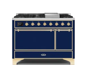 Ilve UM12FDQNS3MBG Majestic Ii 48 Inch Dual Fuel Natural Gas Freestanding Range In Blue With Brass Trim Freestanding Ranges freestanding dual fuel range 30 inch