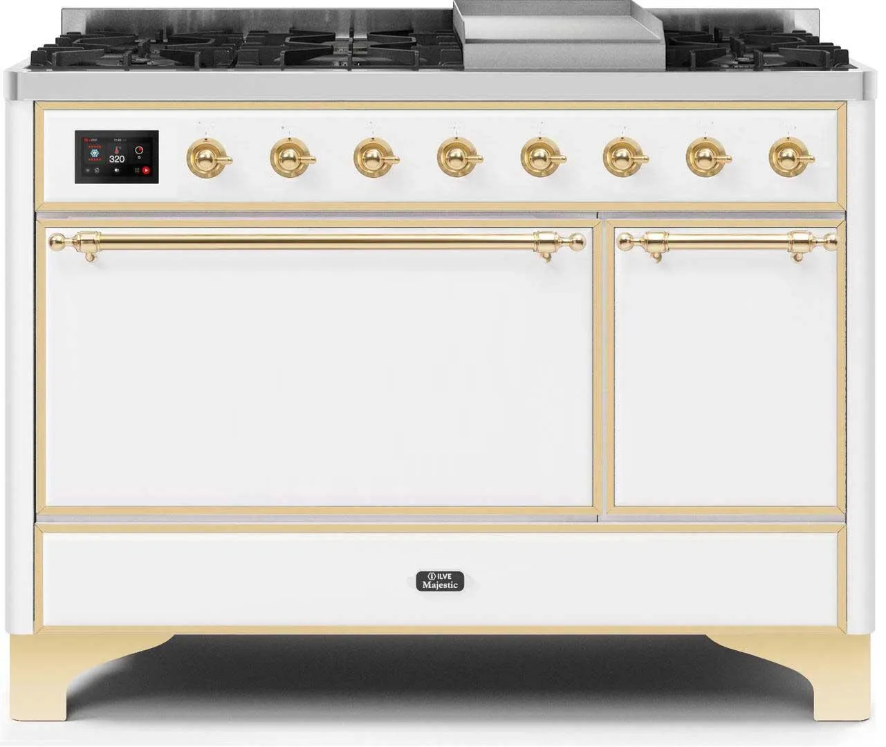 Ilve UM12FDQNS3WHG Majestic Ii 48 Inch Dual Fuel Natural Gas Freestanding Range In White With Brass Trim Freestanding Ranges freestanding dual fuel range 30 inch