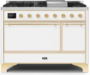 Ilve UM12FDQNS3WHG Majestic Ii 48 Inch Dual Fuel Natural Gas Freestanding Range In White With Brass Trim Freestanding Ranges freestanding dual fuel range 30 inch