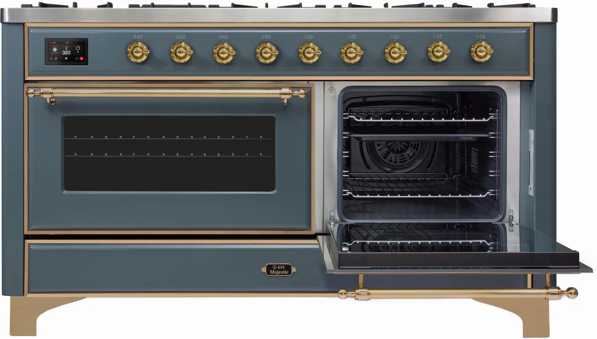 Ilve UM15FDNS3BGGLP Majestic Ii 60 Inch Dual Fuel Liquid Propane Freestanding Range In Blue Grey With Brass Trim
