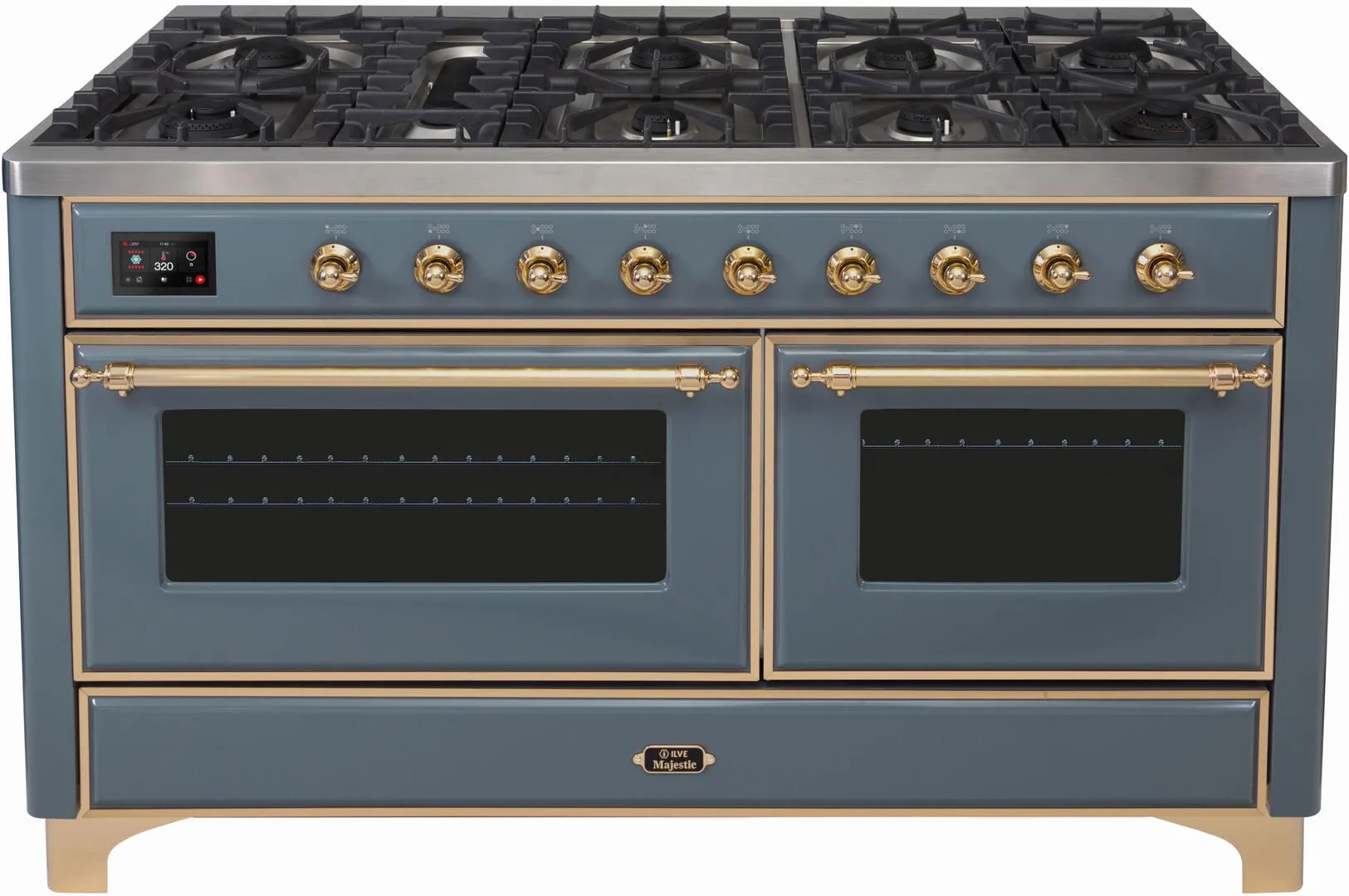 Ilve UM15FDNS3BGGLP Majestic Ii 60 Inch Dual Fuel Liquid Propane Freestanding Range In Blue Grey With Brass Trim Freestanding Ranges freestanding dual fuel range 30 inch