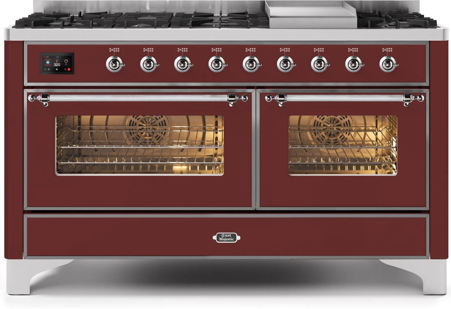 Ilve UM15FDNS3BUC Majestic Ii 60 Inch Dual Fuel Natural Gas Freestanding Range In Burgundy With Chrome Trim Freestanding Ranges freestanding dual fuel range 30 inch