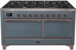 Ilve UM15FDQNS3BGBLP Majestic Ii 60 Inch Dual Fuel Liquid Propane Freestanding Range In Blue Grey With Bronze Trim Freestanding Ranges freestanding dual fuel range 30 inch