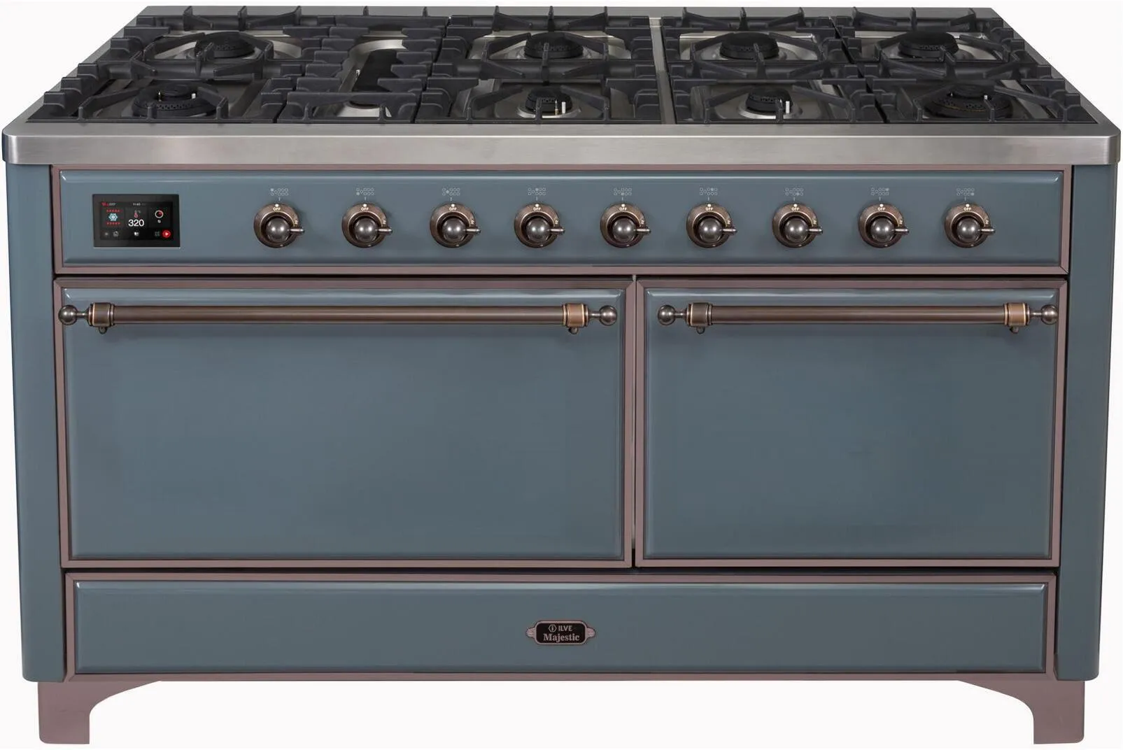 Ilve UM15FDQNS3BGBLP Majestic Ii 60 Inch Dual Fuel Liquid Propane Freestanding Range In Blue Grey With Bronze Trim Freestanding Ranges freestanding dual fuel range 30 inch
