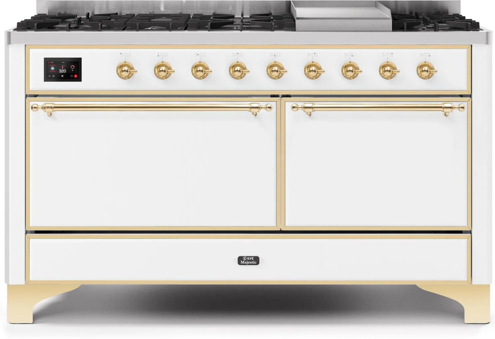Ilve UM15FDQNS3WHG Majestic Ii 60 Inch Dual Fuel Natural Gas Freestanding Range In White With Brass Trim Freestanding Ranges freestanding dual fuel range 30 inch