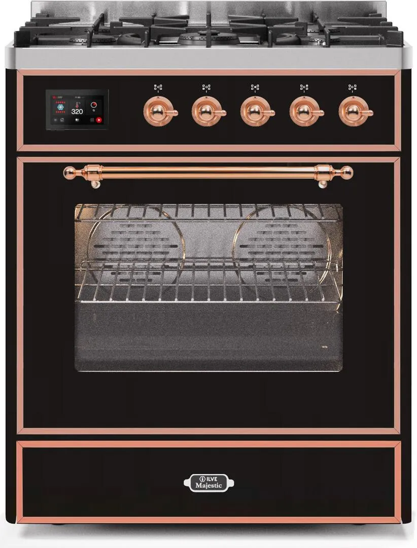 Ilve UM30DNE3BKPLP Majestic Ii 30 Inch Dual Fuel Liquid Propane Freestanding Range In Glossy Black With Copper Trim Freestanding Ranges freestanding dual fuel range 30 inch
