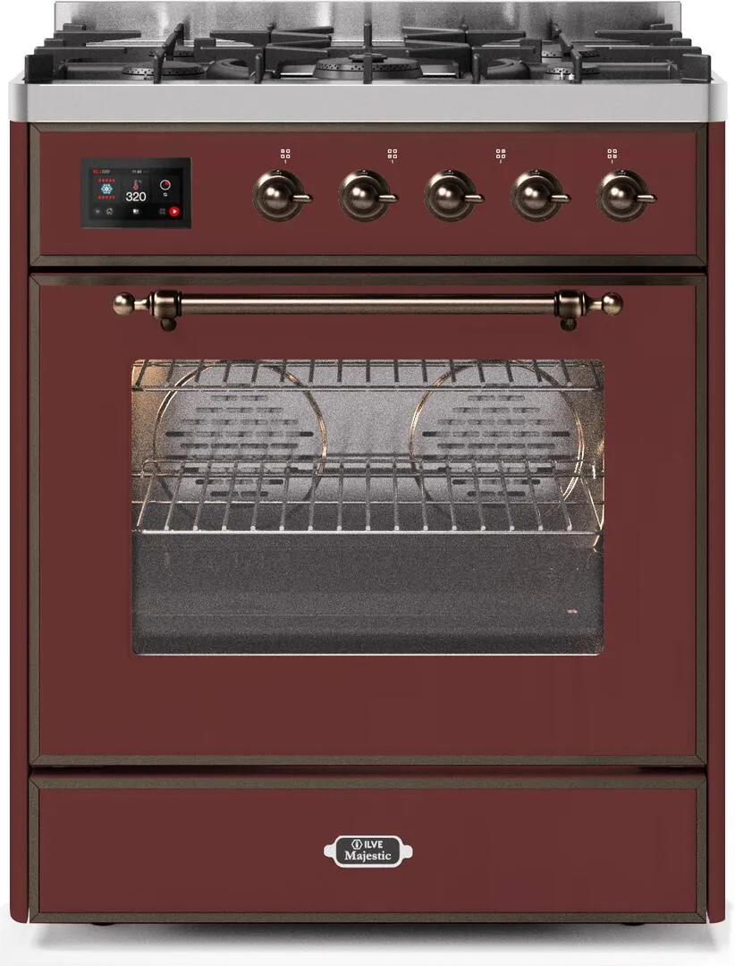 Ilve UM30DNE3BUB Majestic Ii 30 Inch Dual Fuel Natural Gas Freestanding Range In Burgundy With Bronze Trim Freestanding Ranges freestanding dual fuel range 30 inch