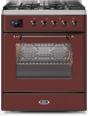 Ilve UM30DNE3BUB Majestic Ii 30 Inch Dual Fuel Natural Gas Freestanding Range In Burgundy With Bronze Trim Freestanding Ranges freestanding dual fuel range 30 inch