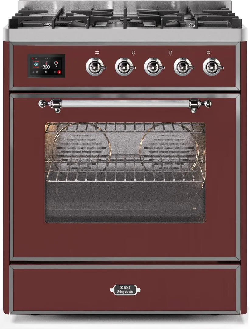 Ilve UM30DNE3BUC Majestic Ii 30 Inch Dual Fuel Natural Gas Freestanding Range In Burgundy With Chrome Trim Freestanding Ranges freestanding dual fuel range 30 inch