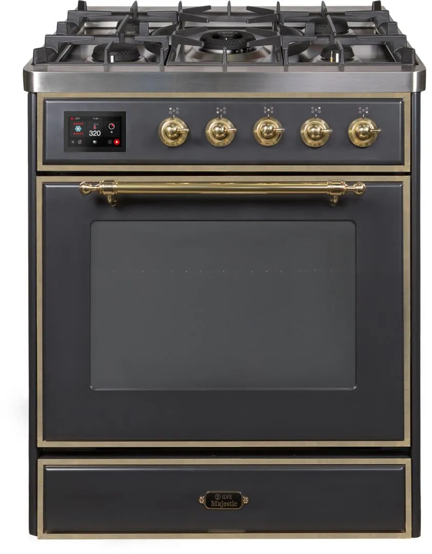 Ilve UM30DNE3MGGLP Majestic Ii 30 Inch Dual Fuel Liquid Propane Freestanding Range In Matte Graphite With Brass Trim Freestanding Ranges freestanding dual fuel range 30 inch