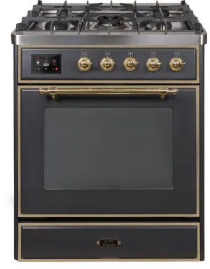 Ilve UM30DNE3MGGLP Majestic Ii 30 Inch Dual Fuel Liquid Propane Freestanding Range In Matte Graphite With Brass Trim Freestanding Ranges freestanding dual fuel range 30 inch