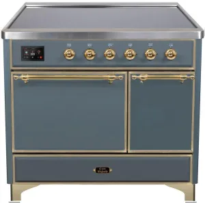 Ilve UMDI10QNS3BGG Majestic Ii 40 Inch Electric Freestanding Range In Blue Grey With Brass Trim Freestanding Ranges freestanding dual fuel range 30 inch
