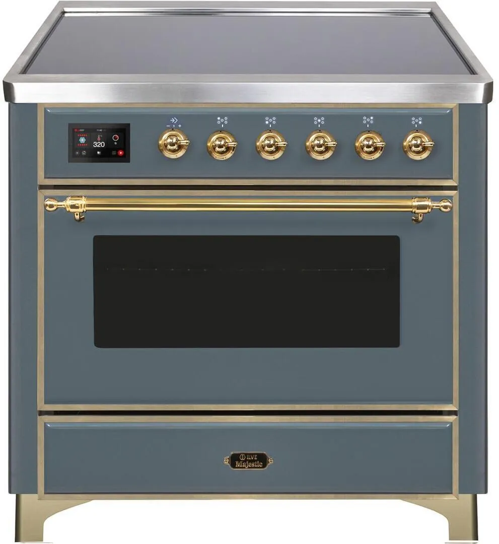 Ilve UMI09NS3BGG Majestic Ii 36 Inch Electric Freestanding Range In Blue Grey With Brass Trim Freestanding Ranges freestanding dual fuel range 30 inch