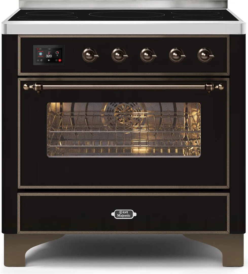 Ilve UMI09NS3BKB Majestic Ii 36 Inch Electric Freestanding Range In Glossy Black With Bronze Trim Freestanding Ranges freestanding dual fuel range 30 inch