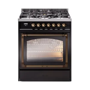 Ilve UN30NMPBKBLP Ilve Un30Nmpbkblp Nostalgie Ii Noblesse 30" Dual Fuel Range (Liquid Propane, Triple Glass Door, Glossy Black, Burnished) Freestanding Ranges freestanding dual fuel range 30 inch