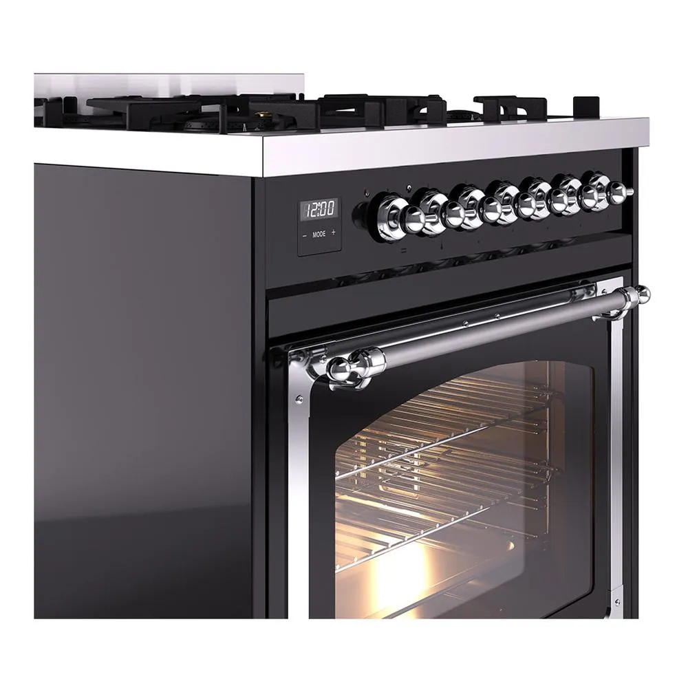Ilve UN30NMPBKC Ilve Un30Nmpbkc Nostalgie Ii Noblesse 30" Dual Fuel Range (Natural Gas, Triple Glass Door, Glossy Black, Chrome)