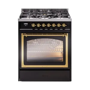 Ilve UN30NMPBKGLP Ilve Un30Nmpbkglp Nostalgie Ii Noblesse 30" Dual Fuel Range (Liquid Propane, Triple Glass Door, Glossy Black, Brass) Freestanding Ranges freestanding dual fuel range 30 inch