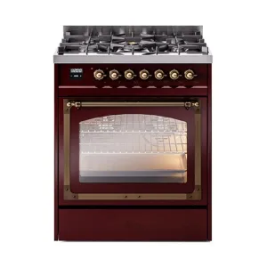 Ilve UN30NMPBUB Ilve Un30Nmpbub Nostalgie Ii Noblesse 30" Dual Fuel Range (Natural Gas, Triple Glass Door, Burgundy, Burnished) Freestanding Ranges freestanding dual fuel range 30 inch