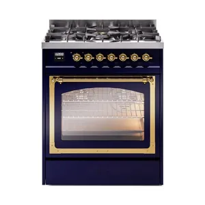 Ilve UN30NMPMBG Ilve Un30Nmpmbg Nostalgie Ii Noblesse 30" Dual Fuel Range (Natural Gas, Triple Glass Door, Midnight Blue, Brass) Freestanding Ranges freestanding dual fuel range 30 inch