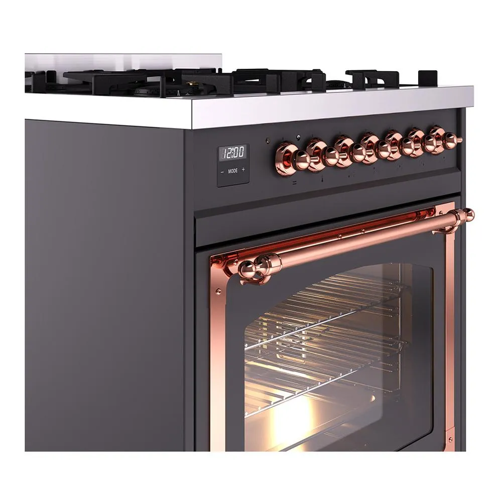 Ilve UN30NMPMGPLP Ilve Un30Nmpmgplp Nostalgie Ii Noblesse 30" Dual Fuel Range (Liquid Propane, Triple Glass Door, Graphite Matte, Copper)