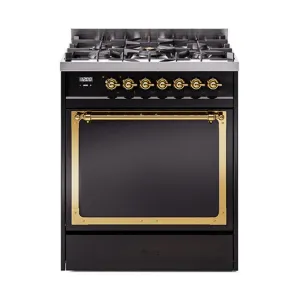 Ilve UN30QNMPBKGLP Ilve Un30Qnmpbkglp Nostalgie Ii Noblesse 30" Dual Fuel Range (Liquid Propane, Solid Door, Glossy Black, Brass) Freestanding Ranges freestanding dual fuel range 30 inch