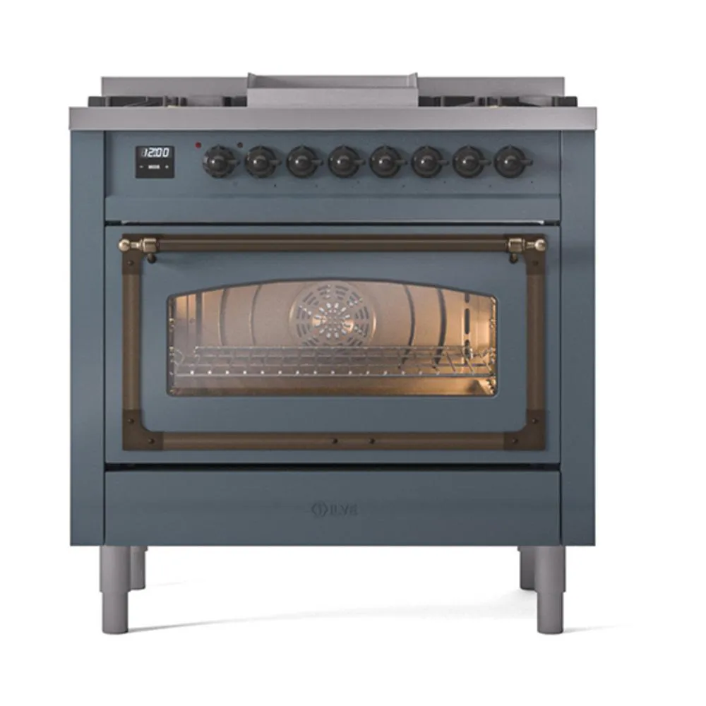 Ilve UN36FNMPBGB Ilve Un36Fnmpbgb Nostalgie Ii Noblesse 36" Dual Fuel Range (Natural Gas, Triple Glass Door, Blue Grey, Burnished)