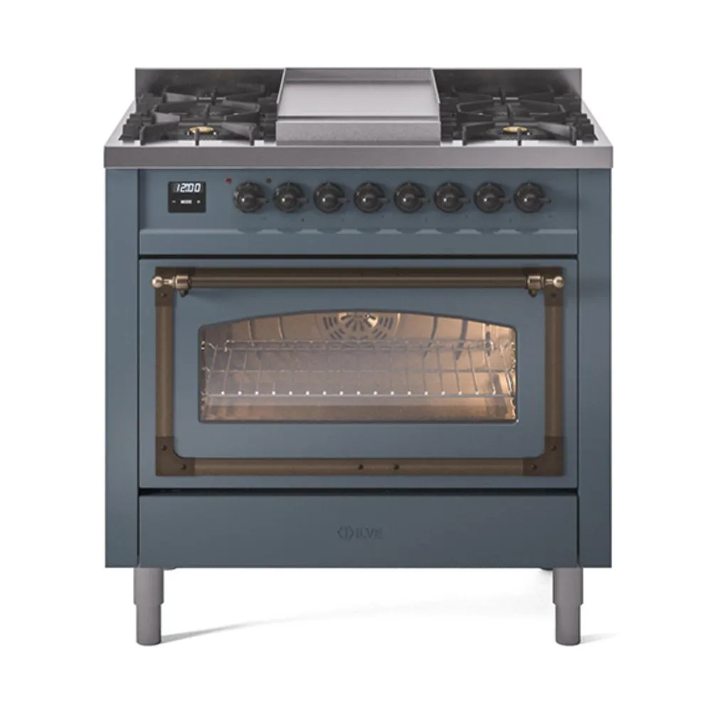 Ilve UN36FNMPBGB Ilve Un36Fnmpbgb Nostalgie Ii Noblesse 36" Dual Fuel Range (Natural Gas, Triple Glass Door, Blue Grey, Burnished) Freestanding Ranges freestanding dual fuel range 30 inch