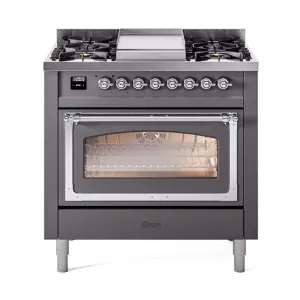 Ilve UN36FNMPMGCLP Ilve Un36Fnmpmgclp Nostalgie Ii Noblesse 36" Dual Fuel Range (Liquid Propane, Triple Glass Door, Graphite Matte, Chrome) Freestanding Ranges freestanding dual fuel range 30 inch